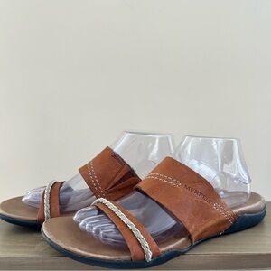 Merrell Shudra Tortoise Shell Brown Leather Sandals with Braided Detail